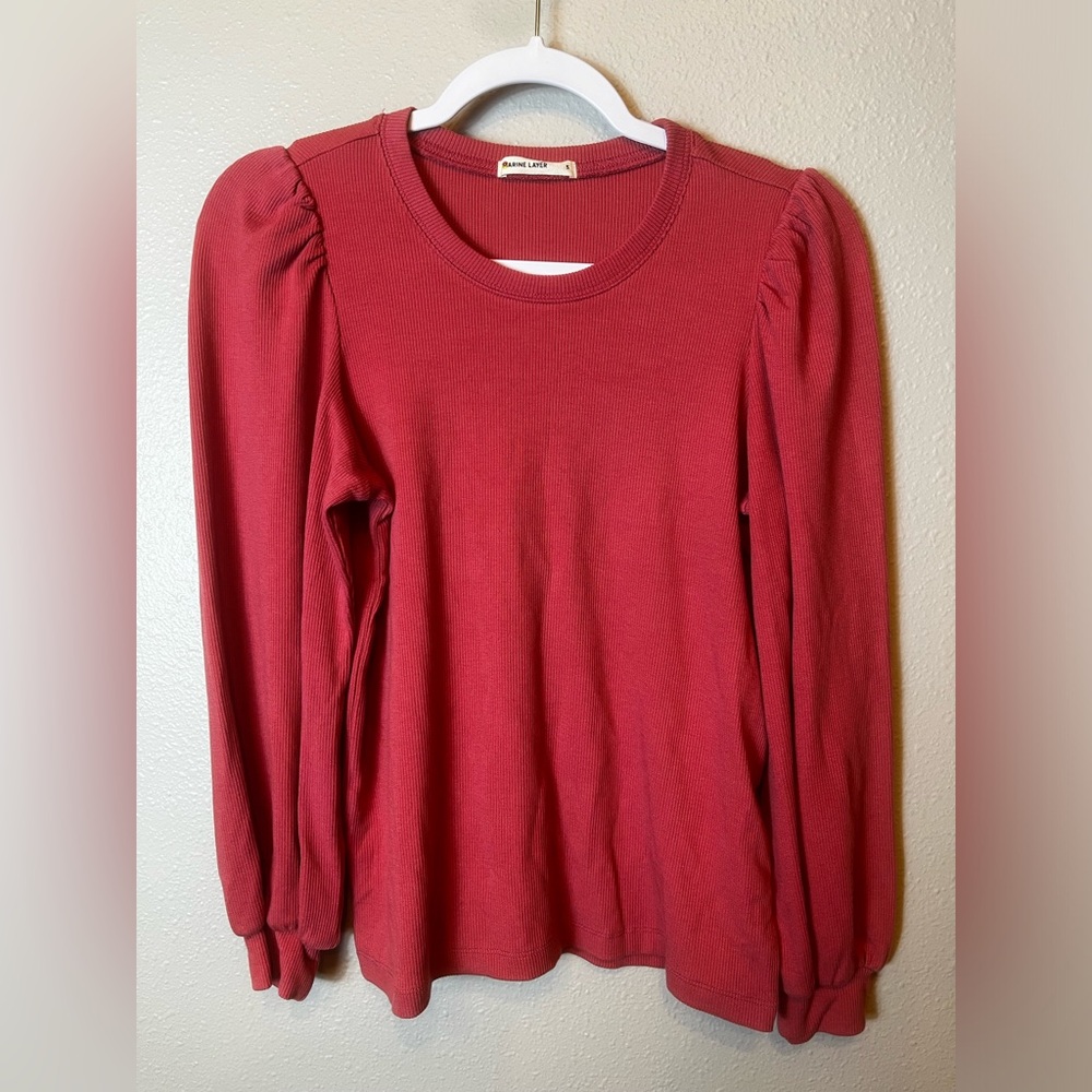Marine Layer Lexi Rib Puff Sleeve Blouse in Pink Size S